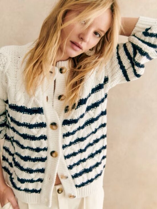 Sezane Sweaters - Sezane Sean‎ Cardigan Navy Ecru Striped Size Small Cotton Wool Cable Knit